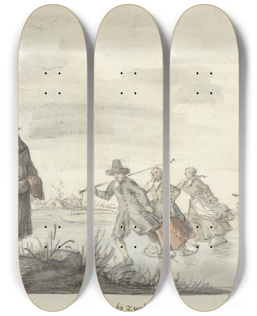 Triptych art skateboard deck of Gerrit Grasdorp Wintergezicht Bij De Kalkoven Te Zwolle by Gerrit Grasdorp (1659-1716)