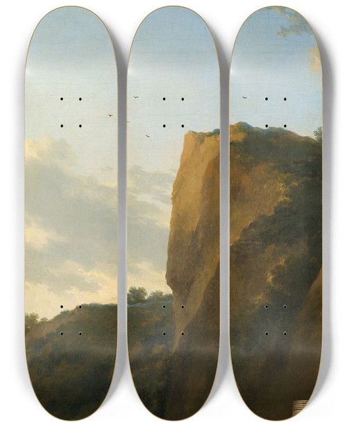 Triptych art skateboard deck of Nicolaes Pietersz Berchem Landscape With Reed Gatherers by Nicolaes Pietersz Berchem (1620-1683)