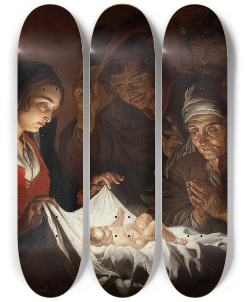 Triptych art skateboard deck of Matthias Stom Adoration Of The Shepherds by Matthias Stom (1600-1650)