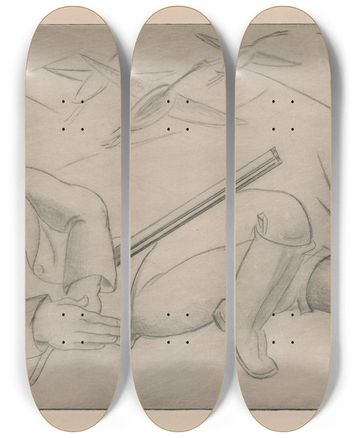 Triptych art skateboard deck of Mommie Schwarz Slapende Jager by Mommie Schwarz (1876-1942)