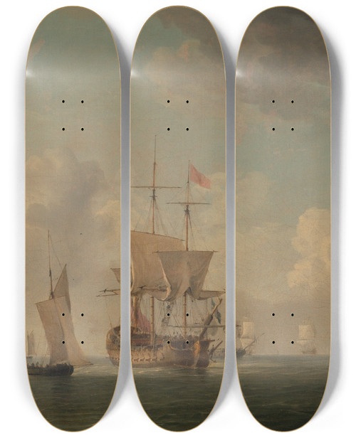 Triptych art skateboard deck of Charles Brooking English Ships Under Sail In A Very Light Breeze by Charles Brooking (1723-1759)