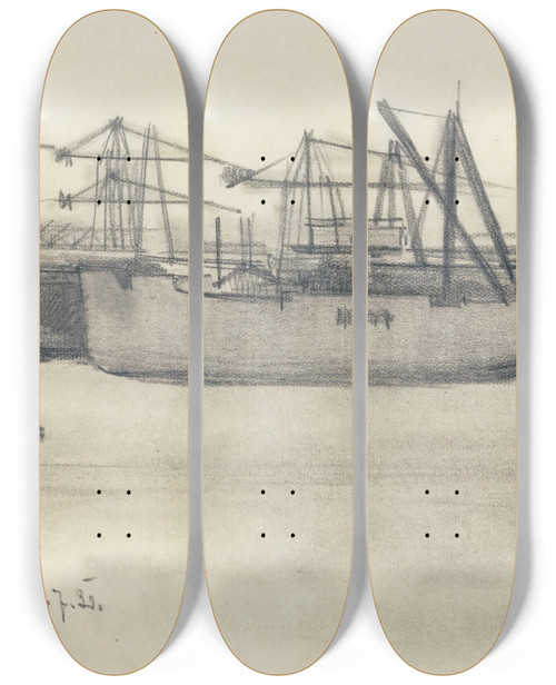 Triptych art skateboard deck of Karl Wiener Ohne Titel Schiff Kopenhagen_1 by Karl Wiener (1901-1949)