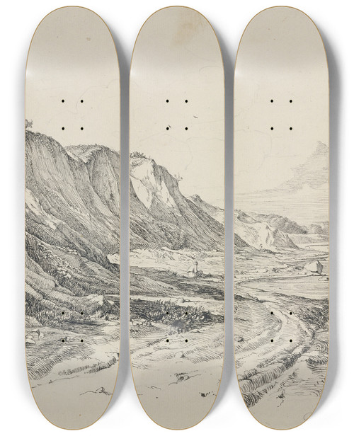 Triptych art skateboard deck of Friedrich Von Nerly Das Brodtener Ufer Bei Travemnde by Friedrich Von Nerly (1807-1878)