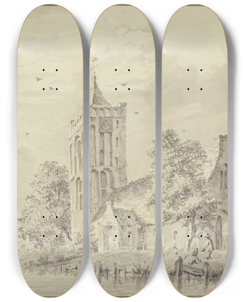 Triptych art skateboard deck of Paulus Van Liender Dorfkirche Am Wasser Links Rudert Ein Mann Einen Kahn by Paulus Van Liender (1731-1797)