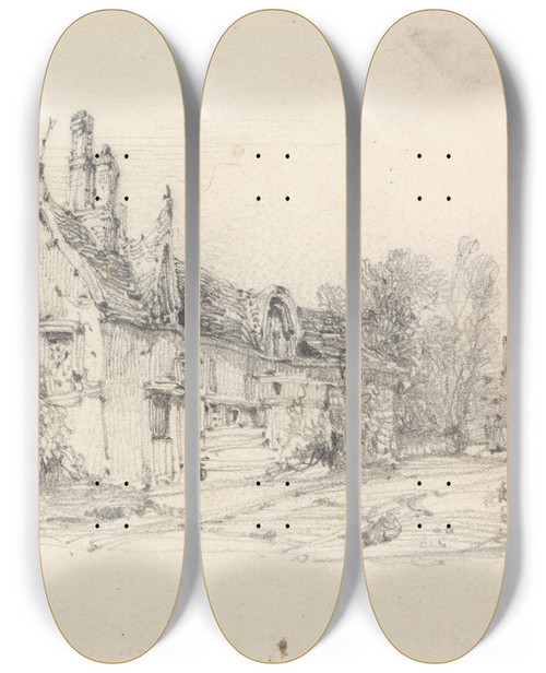 Triptych art skateboard deck of William Callow Farmhouse With Church In Distance by William Callow (1812-1908)