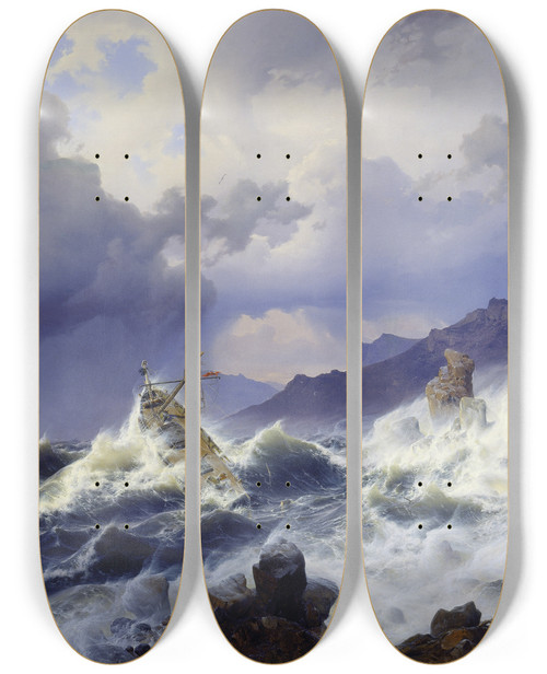 Triptych art skateboard deck of Andreas Achenbach Storm At Sea Off The Norwegian Coast by Andreas Achenbach (1815-1910)