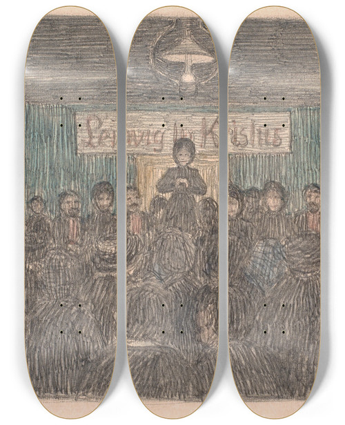 Triptych art skateboard deck of Niels Bjerre Vkkelsesmde I Lemvig by Niels Bjerre (1864-1942)