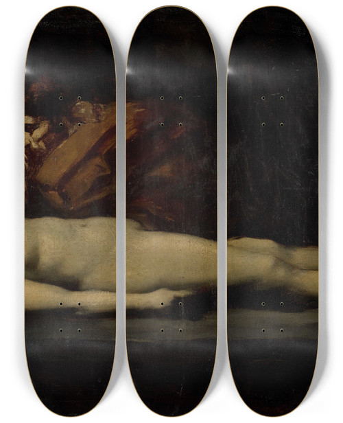 Triptych art skateboard deck of Jeanjacques Henner The Levite Of Ephraim And His Dead Wife by Jean-Jacques Henner (1829-1905)