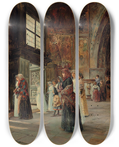 Triptych art skateboard deck of Jos Gallegos Y Arnosa After The Wedding Ceremony by Jose Gallegos Y Arnosa (1859-1917)