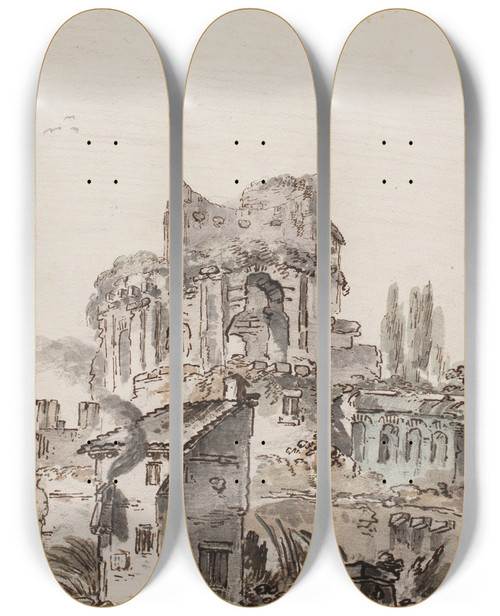 Triptych art skateboard deck of Jens Petersen Lund Prospekt Med Ruiner by Jens Petersen Lund (1731-1794)