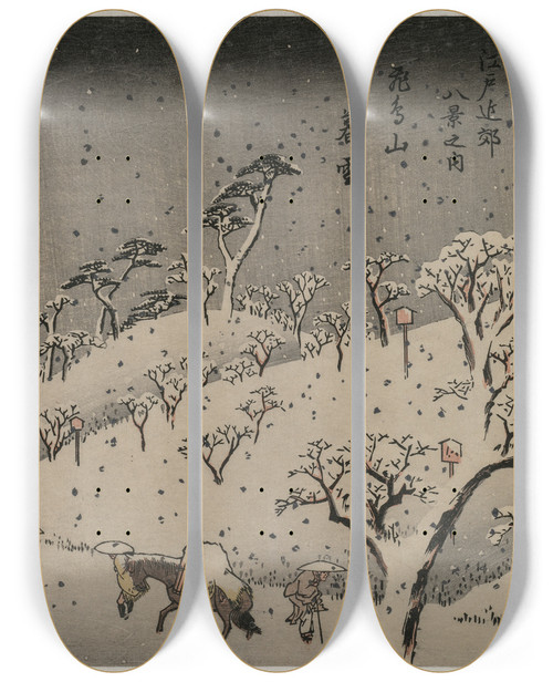 Triptych art skateboard deck of And Hiroshige Evening Snow At Asuka Hill From The Series Eight Views Of The Environs Of Edo by Ando Hiroshige (1797-1858)