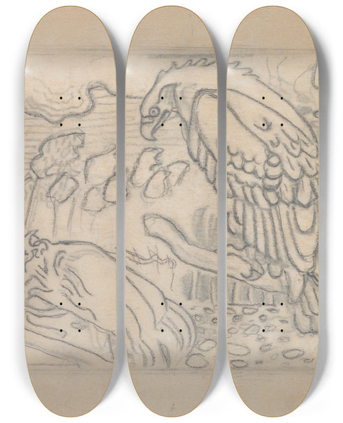 Triptych art skateboard deck of Akseli Gallenkallela The Great Kalevala Poem Ii Sketch Vinminen And Eagle Kokkolintu by Akseli Gallen Kallela (1865-1931)