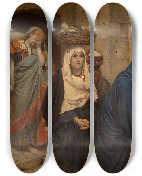 Triptych art skateboard deck of Pierre Jean Van Der Ouderaa The Holy Women Returning From Christs Grave by Pierre Jean Van Der Ouderaa (1841-1915)