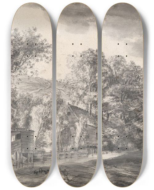 Triptych art skateboard deck of Antonie Waterloo Trees And Cottages In Hillylandscape by Antonie Waterloo (1609-1690)