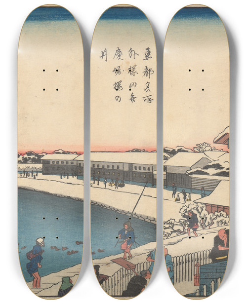 Triptych art skateboard deck of And Hiroshige Well Trees Houses People Ducks On River by Ando Hiroshige (1797-1858)