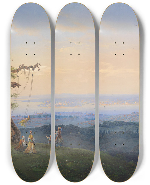 Triptych art skateboard deck of Carlo Bossoli Abendliches Vergngen Vor Den Toren Konstantinopels by Carlo Bossoli (1815-1884)