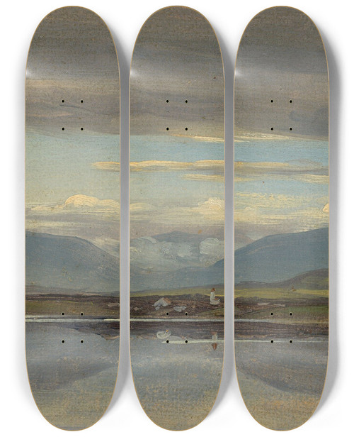 Triptych art skateboard deck of Friedrich Von Nerly Blick Auf Seeshaupt Am Starnberger See by Friedrich Von Nerly (1807-1878)