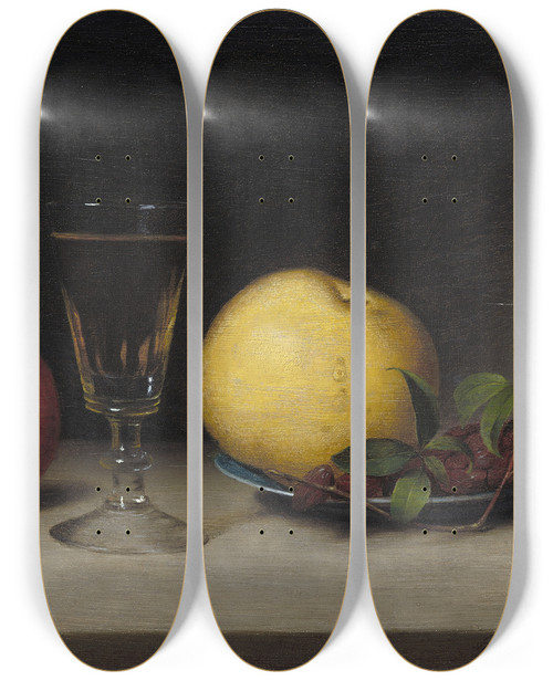 Triptych art skateboard deck of Raphaelle Peale Still Life With Applessherry And Tea Cake by Raphaelle Peale (1774-1825)