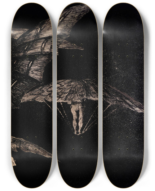 Triptych art skateboard deck of Francisco De Goya Where Theres A Will Theres A Way A Way Of Flying by Francisco de Goya (1746-1828)