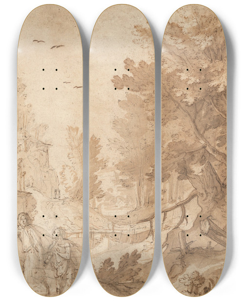 Triptych art skateboard deck of Remigio Cantagallina A Forest Landscape With Buildings And Tobias And The Angel by Remigio Cantagallina (1582-1656)