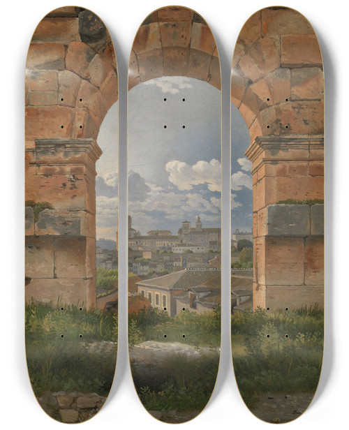 Triptych art skateboard deck of Christoffer Wilhelm Eckersberg A View Through Three Arches Of The Third Storey Of The Colosseum by Christoffer Wilhelm Eckersberg (1783-1853)