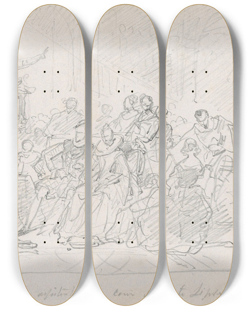 Triptych art skateboard deck of Nicaise De Keyser Archdukes Albert And Isabella Attend A Lesson By Justus Lipsius_2 by Nicaise De Keyser (1813-1887)