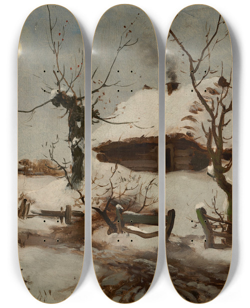 Triptych art skateboard deck of Seweryn Bieszczad Cottages In Snow by Seweryn Bieszczad (1852-1923)