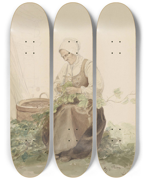Triptych art skateboard deck of Adolph Tidemand Kone Som Plukker Ekeblader Og Kari Andersdatter by Adolph Tidemand (1814-1876)