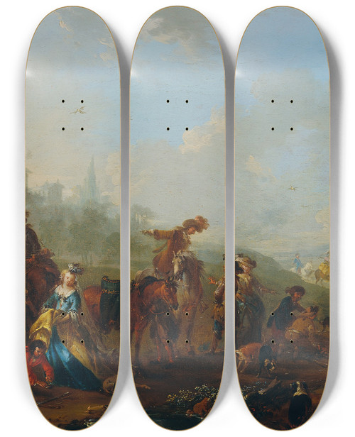 Triptych art skateboard deck of August Querfurt Aufbruch Zur Beizjagd by August Querfurt (1696-1761)