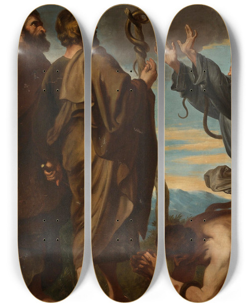 Triptych art skateboard deck of Follower Of Anthony Van Dyck Moses And The Brazen Serpent by Follower Of Anthony Van Dyck (1599-1641)