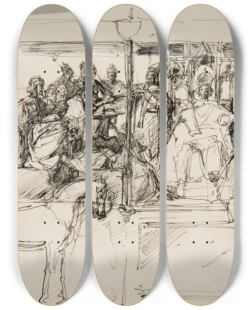 Triptych art skateboard deck of Jzef Mehoffer Szkic Do Kompozycji Wietno Czech by Jozef Mehoffer (1869-1946)