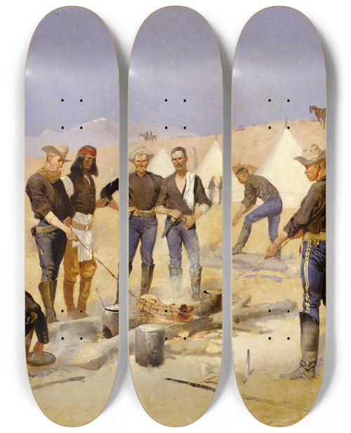 Triptych art skateboard deck of Frederic Remington Roasting The Christmas Beef In A Cavalrycamp by Frederic Remington (1861-1909)
