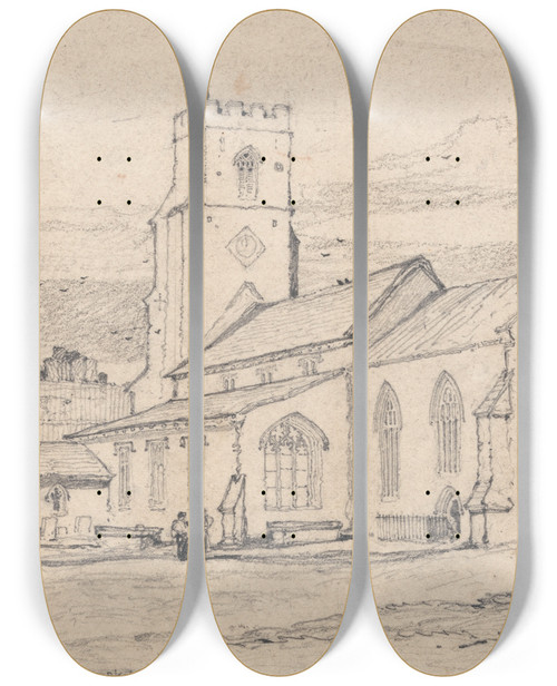 Triptych art skateboard deck of John Sell Cotman Great Snoring Church Norfolk by John Sell Cotman (1782-1842)