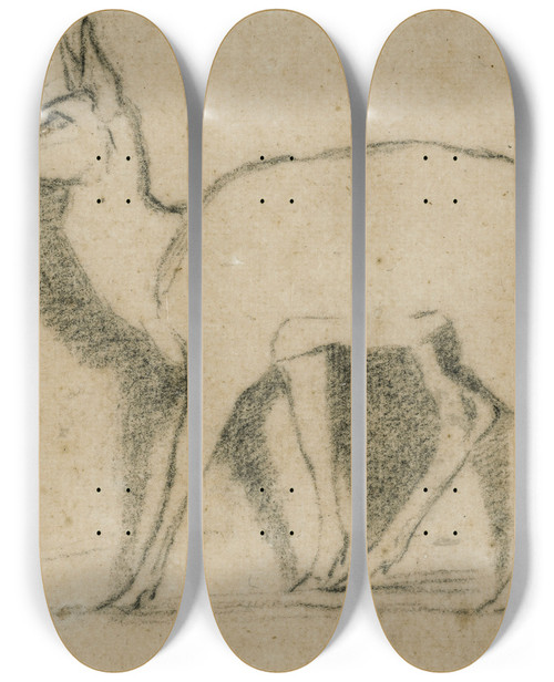 Triptych art skateboard deck of Antoinelouis Barye Etude De Gazelle Debout Gauche by Antoine-Louis Barye (1796-1875)
