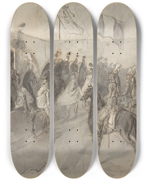 Triptych art skateboard deck of Constantin Guys The Senator Returning From The Vatican by Constantin Guys (1805-1892)