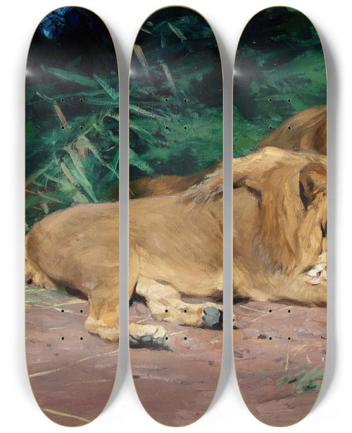Triptych art skateboard deck of Wilhelm Kuhnert Ruhende Lwen Lions At Rest by Wilhelm Kuhnert (1865-1926)