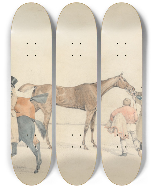 Triptych art skateboard deck of Samuel Alken After The Race Owner Or Trainer Riding And Conversing With Jockey On Trainers Hack At Right A Racehouse Being Watered And Rugged After Racing by Samuel Alken (1756-1815)
