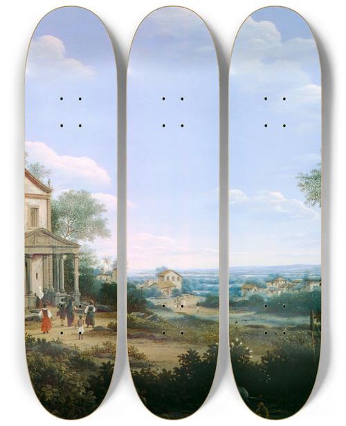 Triptych art skateboard deck of Frans Post View Of The Jesuit Church At Olinda Brazil by Frans Post (1612-1680)