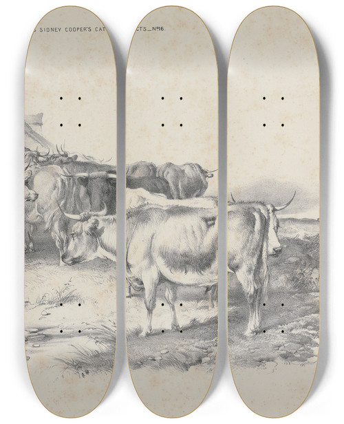 Triptych art skateboard deck of Thomas Sidney Cooper Thomas Sydney Coopers Cattle Subjects Pl16 by Thomas Sidney Cooper (1803-1902)