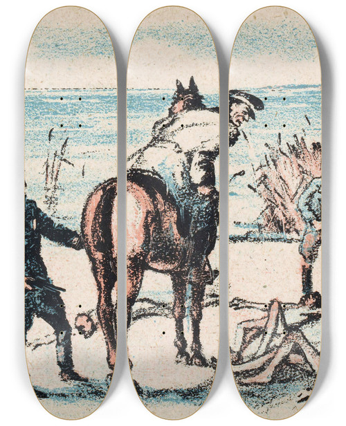 Triptych art skateboard deck of Mihly Bir Mikls Horthy Te Paard Spuugt Op Vermoorde Mensen by Mihaly Biro (1886-1949)