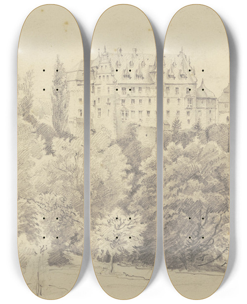 Triptych art skateboard deck of Adolf Hoeffler Braunfels Castle by Adolf Hoeffler (1825-1898)