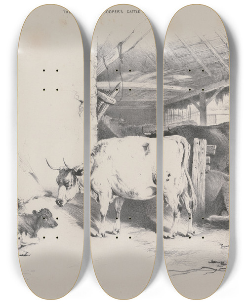 Triptych art skateboard deck of Thomas Sidney Cooper Thomas Sydney Coopers Cattle Subjects Pl09 by Thomas Sidney Cooper (1803-1902)