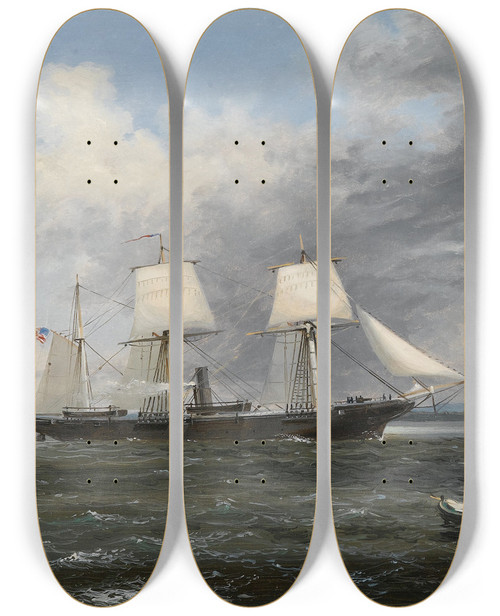 Triptych art skateboard deck of Xanthus Russell Smith United States Steamer Kearsage Leaving Boston Harbor by Xanthus Russell Smith (1839-1929)