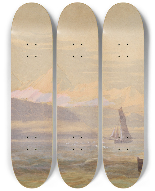 Triptych art skateboard deck of John Gully New Zealand Coastal Scene by John Gully (1819-1888)