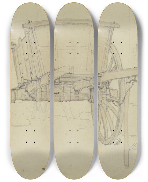 Triptych art skateboard deck of Jakob Becker Twowheeled Car by Jakob Becker (1810-1872)