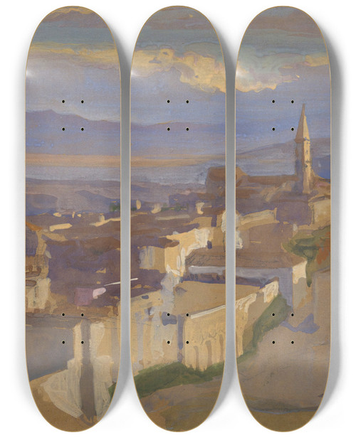 Triptych art skateboard deck of Edwin Austin Abbey View Ofperugia by Edwin Austin Abbey (1852-1911)