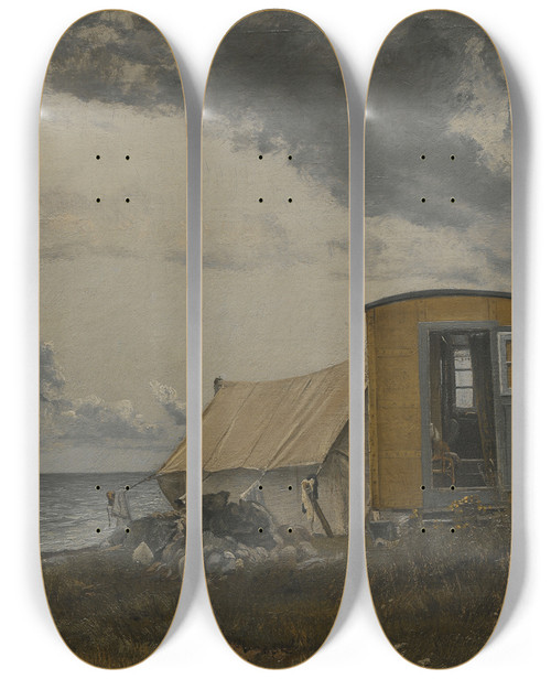 Triptych art skateboard deck of Laurits Andersen Ring View Of A Shore With The Artists Wagon And Tent At En by Laurits Andersen Ring (1854-1933)