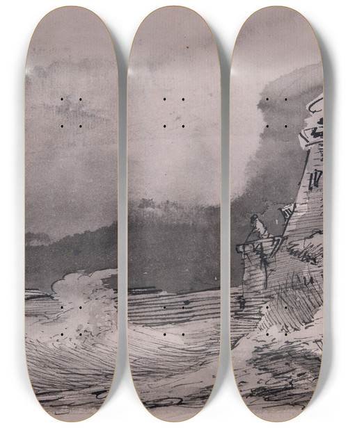 Triptych art skateboard deck of Carl August Ehrensvrd Lighthouse In Storm by Carl August Ehrensvard (1745-1800)