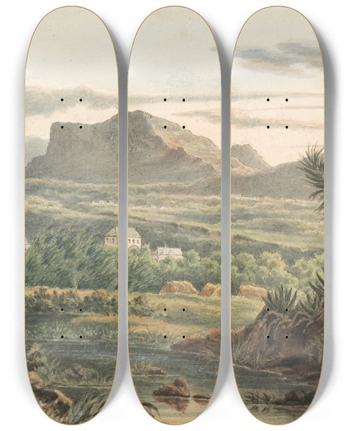 Triptych art skateboard deck of Thomas Bradshaw From The Beach Near Fort Blanc Oct 4 1819 by Thomas Bradshaw (1767)