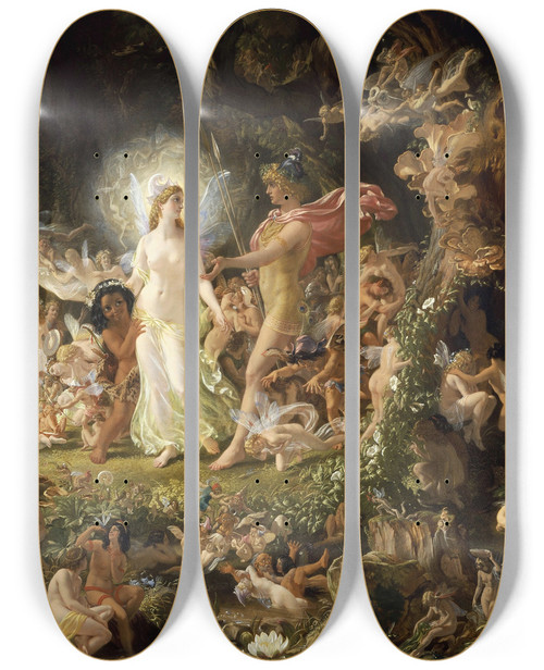 Triptych art skateboard deck of Sir Joseph Noel Paton The Quarrel Of Oberon And Titania by Sir Joseph Noel Paton (1821-1901)